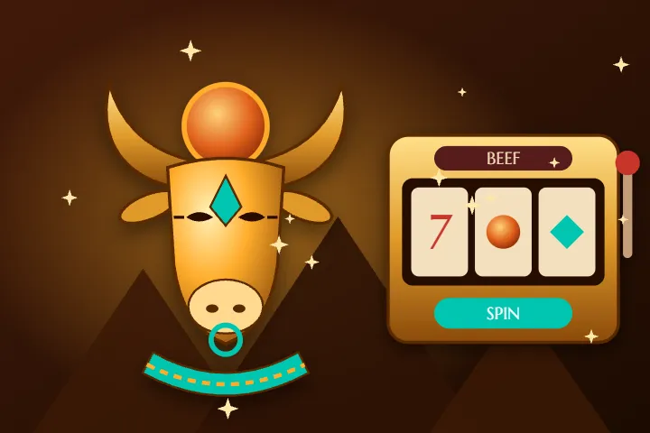 Beef casino – złota głowa byka z tarczą słońca i automat BEEF na tle piramid