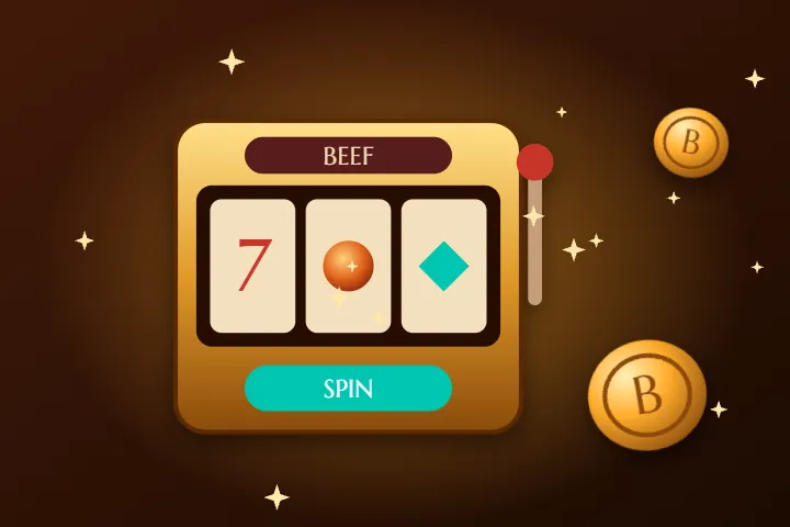 Sloty w Beef casino – złoty automat BEEF z siódemką i przyciskiem SPIN oraz monety B
